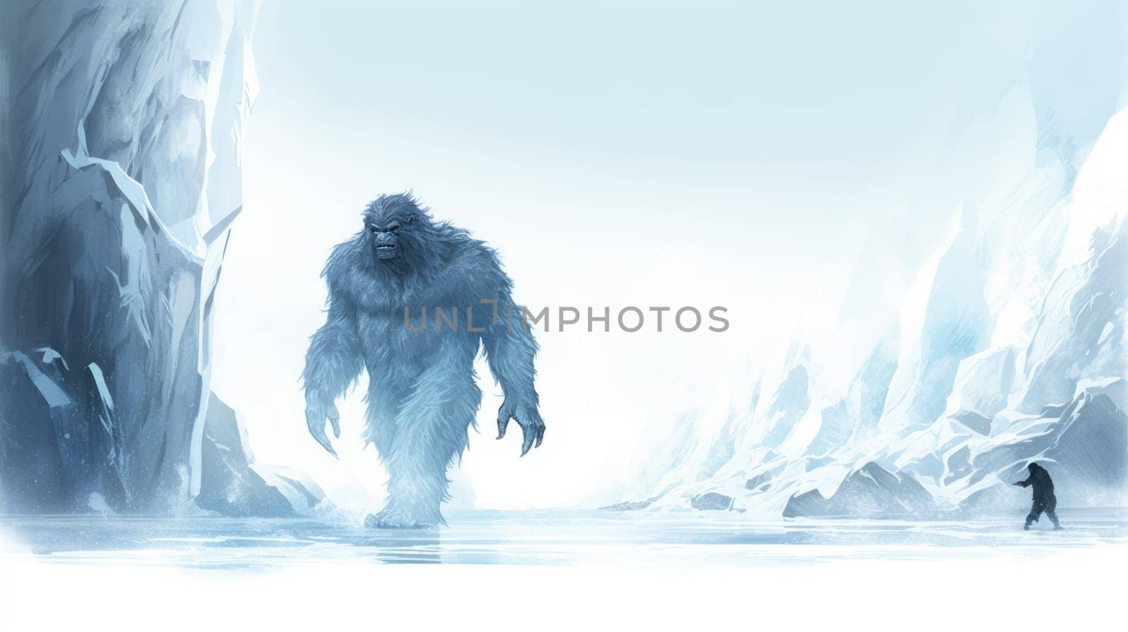 Frozen yeti watercolor illustration - AI generated. Yeti, snow, mountain, ice.
