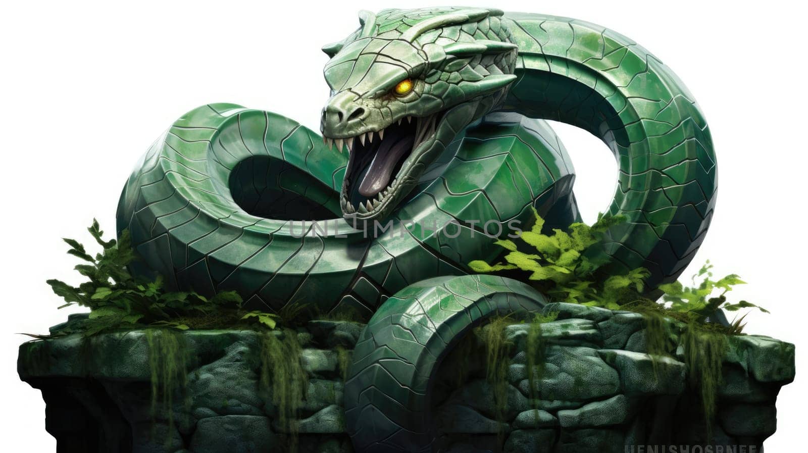 Jungle serpent guardian watercolor illustration - Generative AI. Green, serpent, stone, sharp, teeth. by simakovavector
