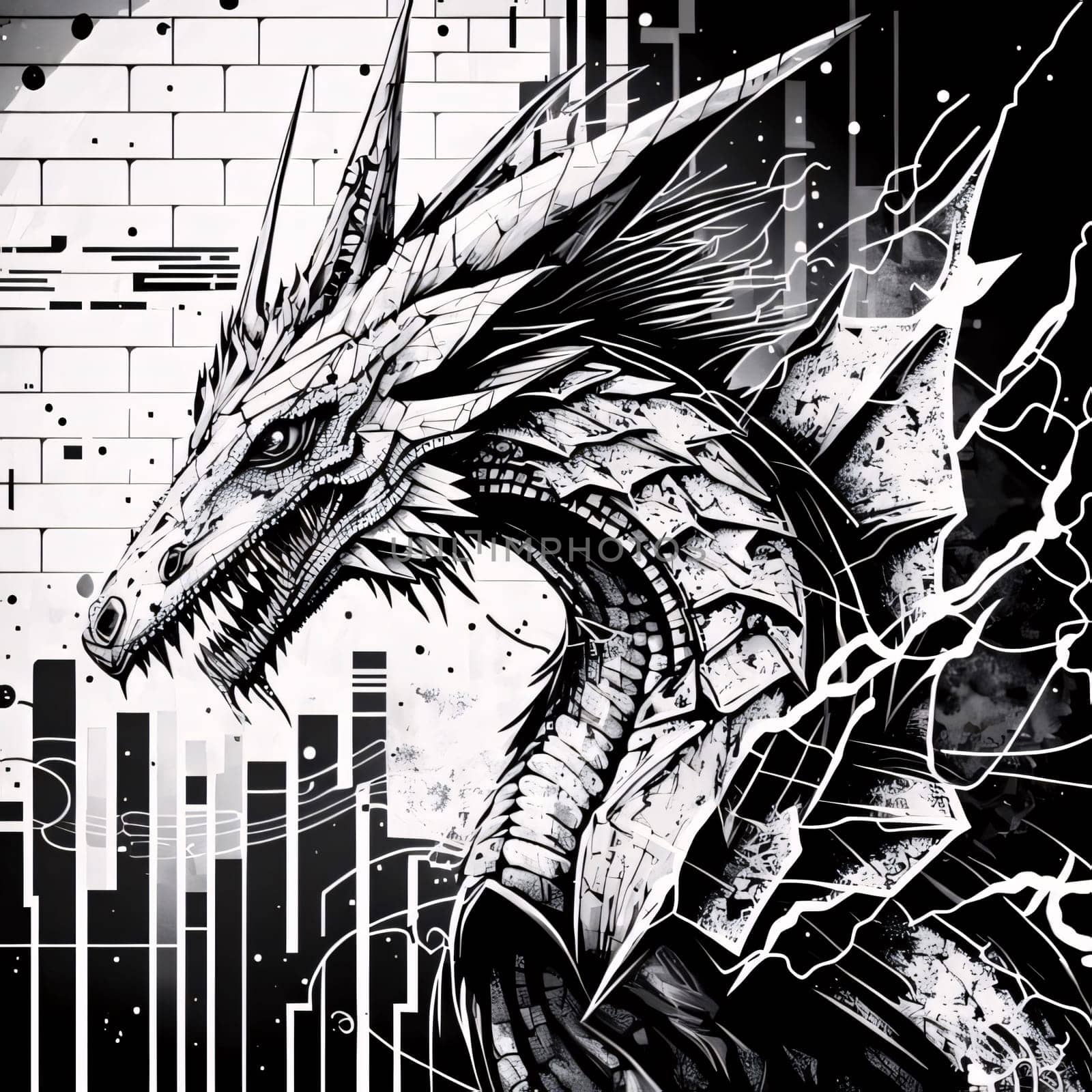 Abstract background design: Dragon head on grunge background. Black and white vector illustration.