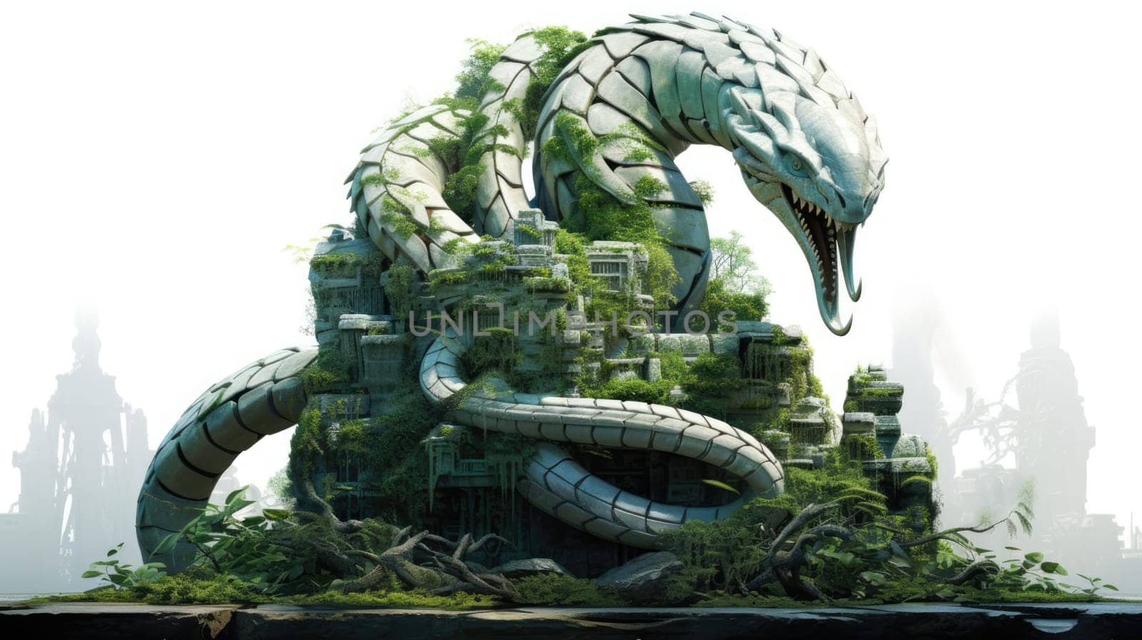 Jungle serpent guardian watercolor illustration - AI generated. Green, serpent, stone, sharp, teeth.