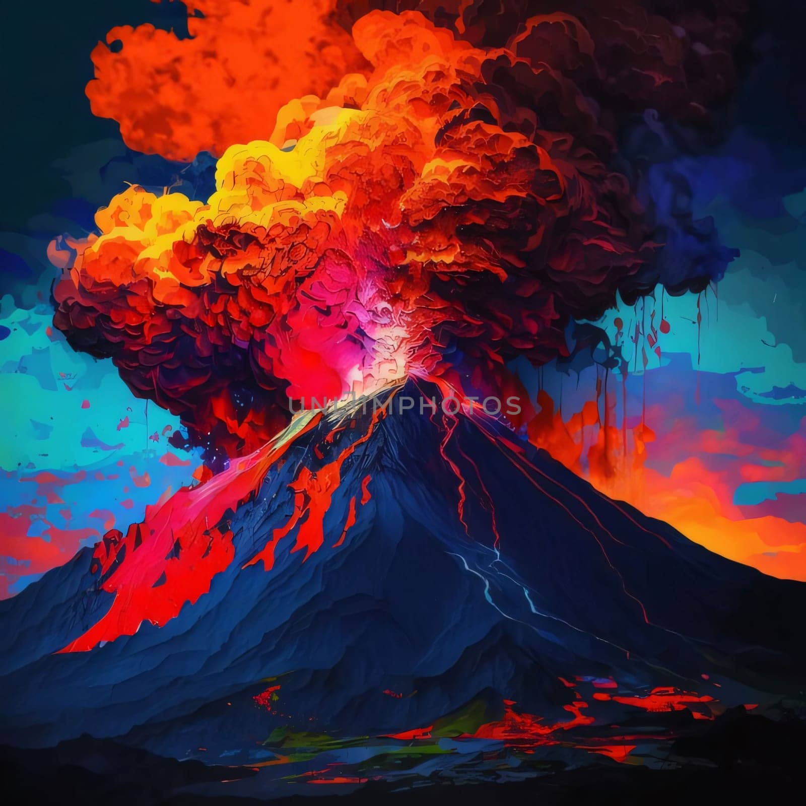 Abstract background design: Volcano eruption with red and blue smoke, 3d illustration.