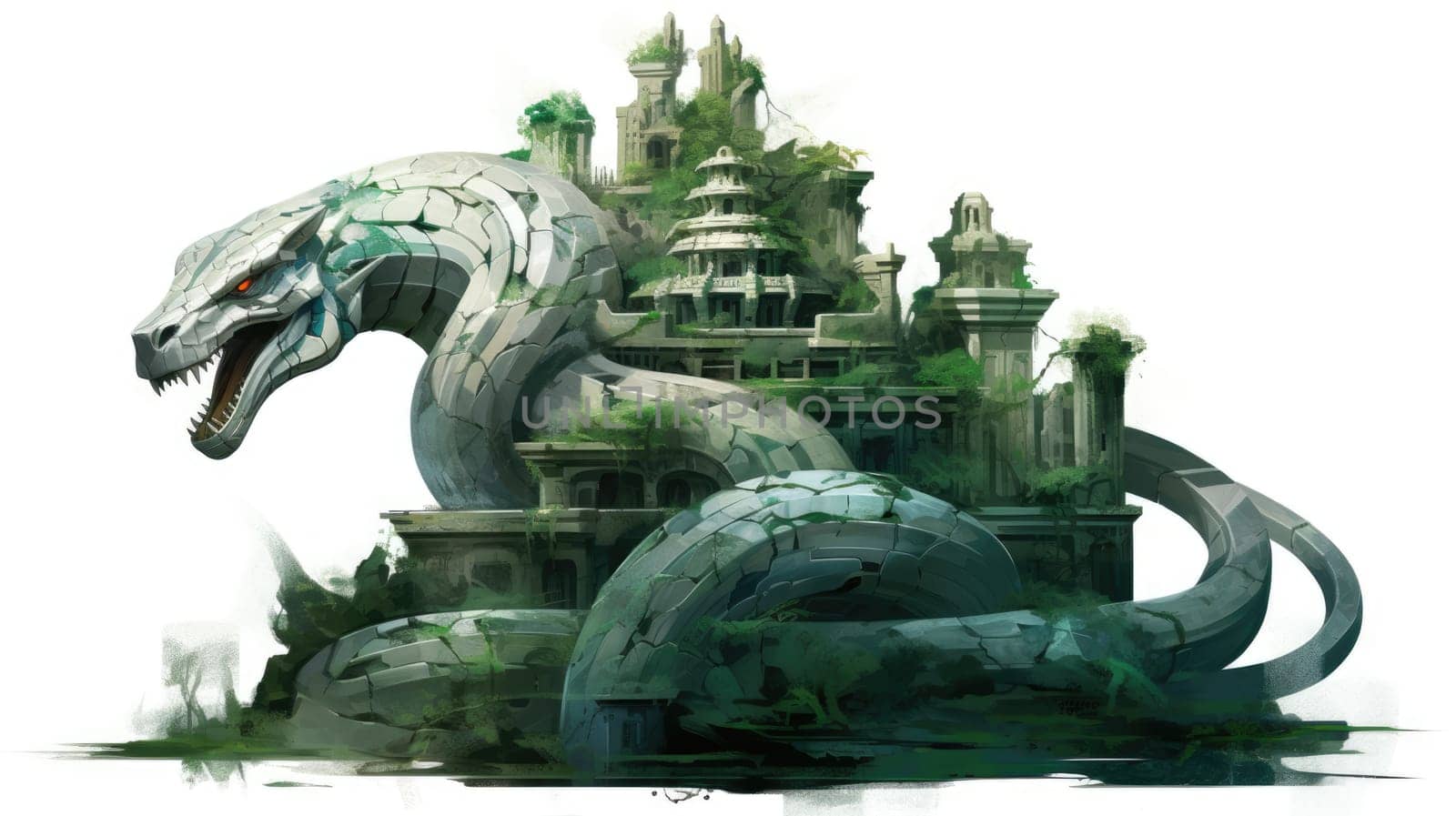 Jungle serpent guardian watercolor illustration - AI generated. Green, serpent, stone, sharp, teeth.