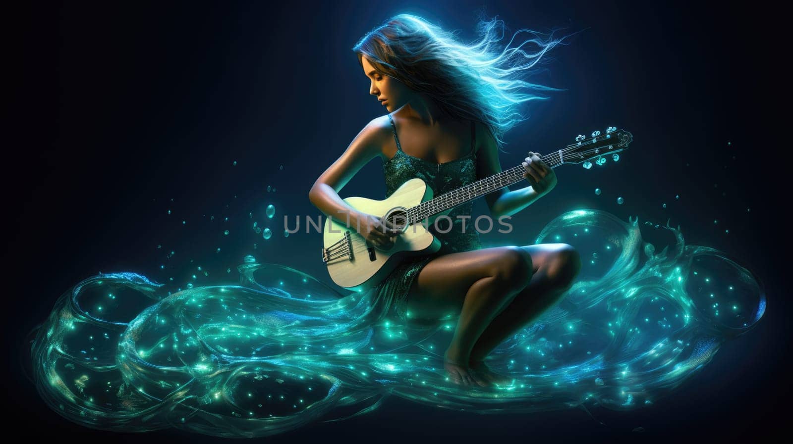 Luminous mermaid melody watercolor illustration - AI generated. Mermaid, girl, playing, guitar.