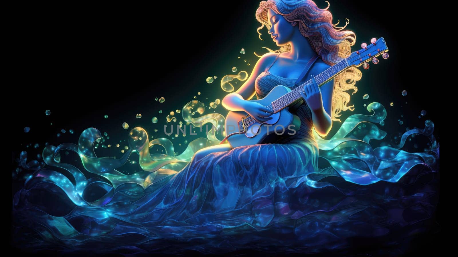 Luminous mermaid melody watercolor illustration - Generative AI. Mermaid, girl, playing, guitar. by simakovavector
