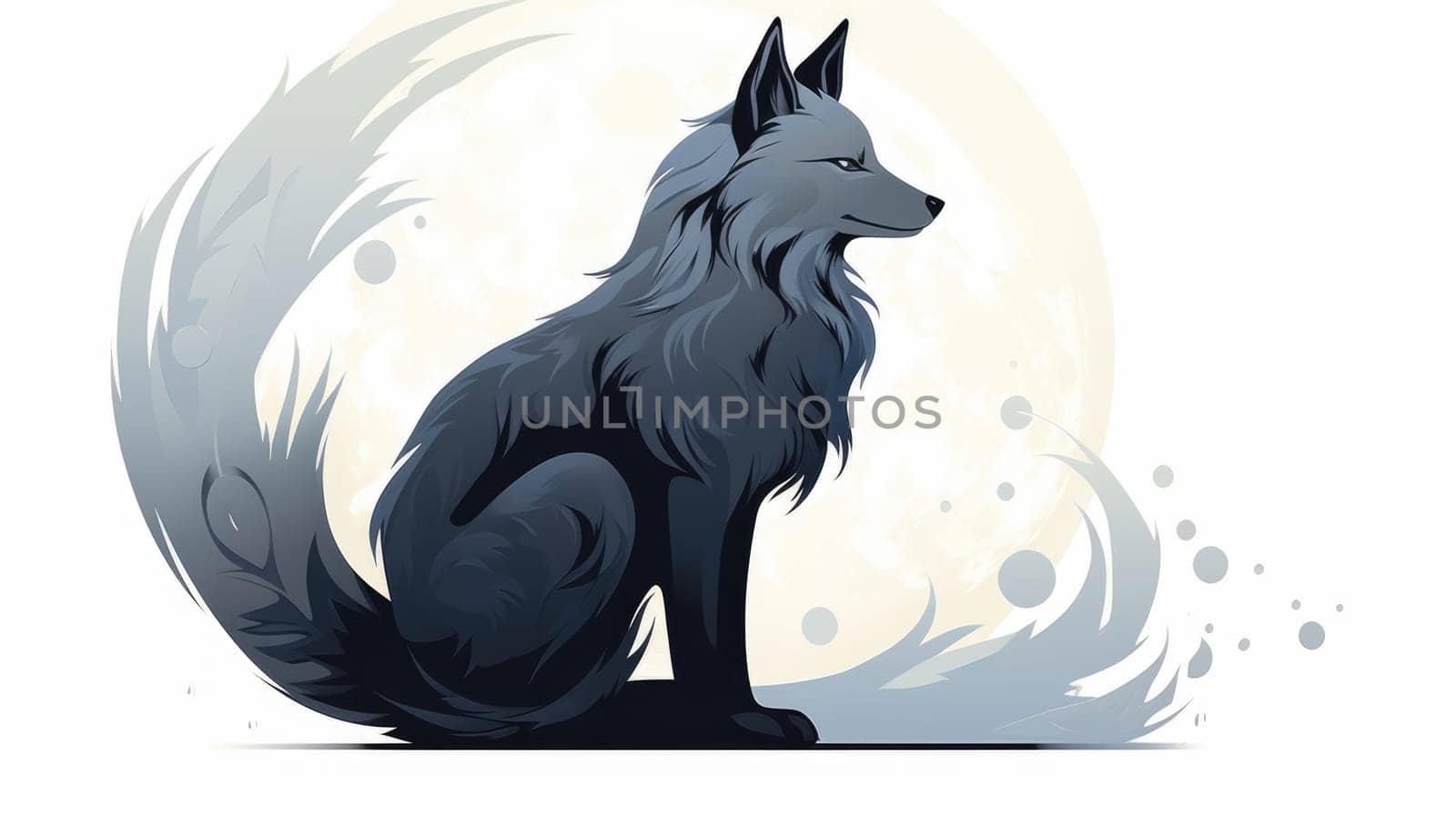 Lunar wolf watercolor illustration - Generative AI. White, grey, wolf, moon. by simakovavector