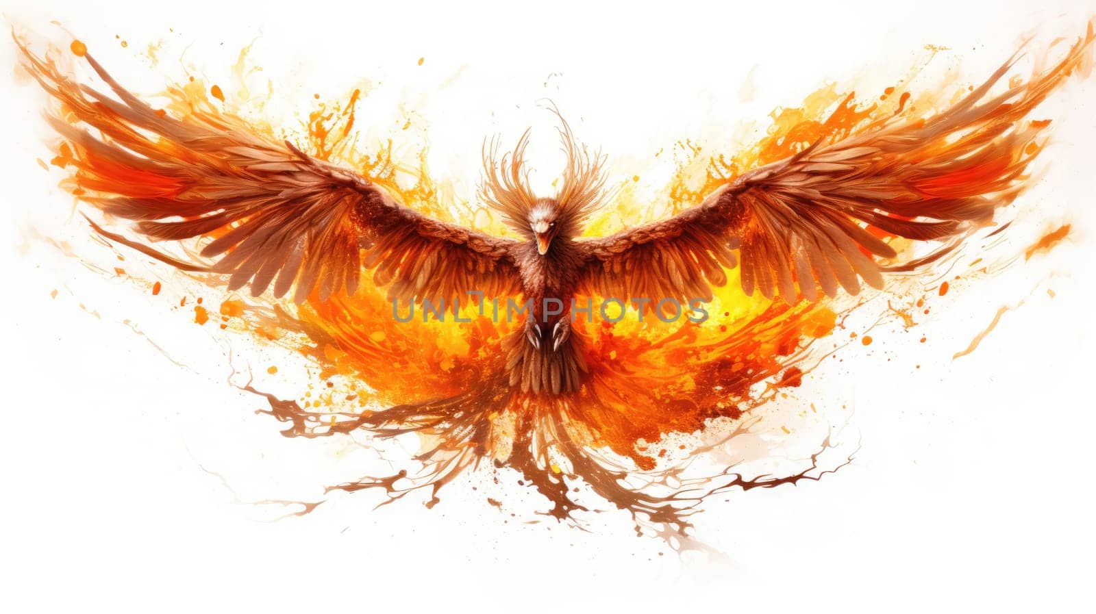 Molten phoenix watercolor illustration - AI generated. Molten, phoenix, fire, wings.