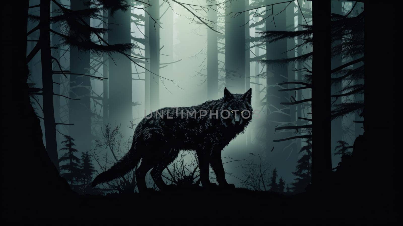 Shadow lynx stalker watercolor illustration - Generative AI. Lynx, night, misty, woodland. by simakovavector