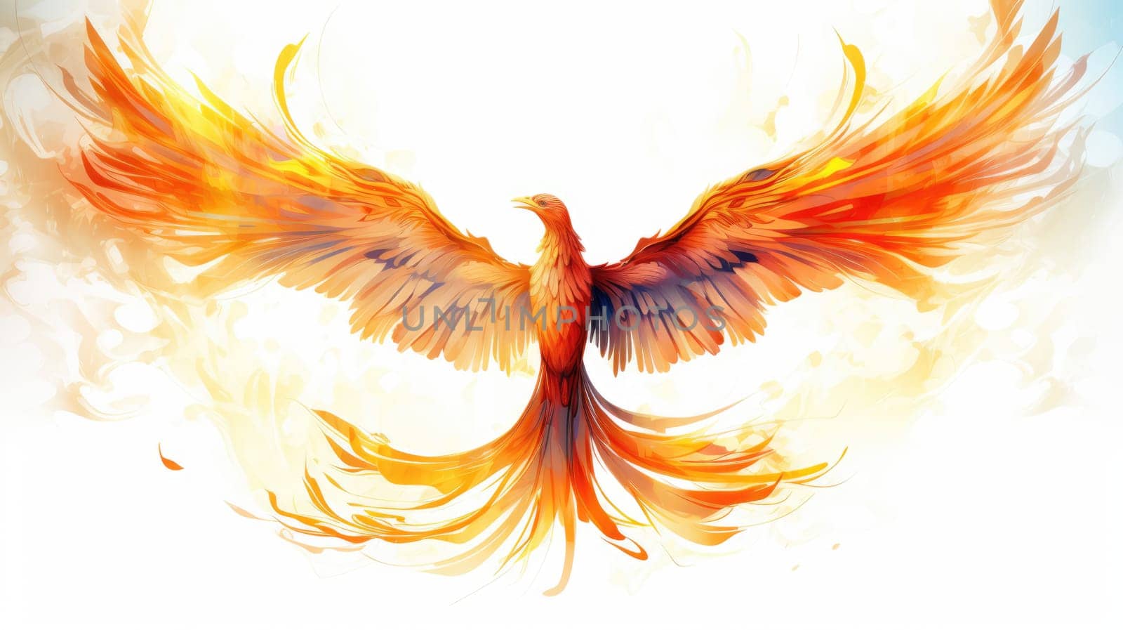 Solar phoenix watercolor illustration - AI generated. Solar, phoenix, fire, wings.