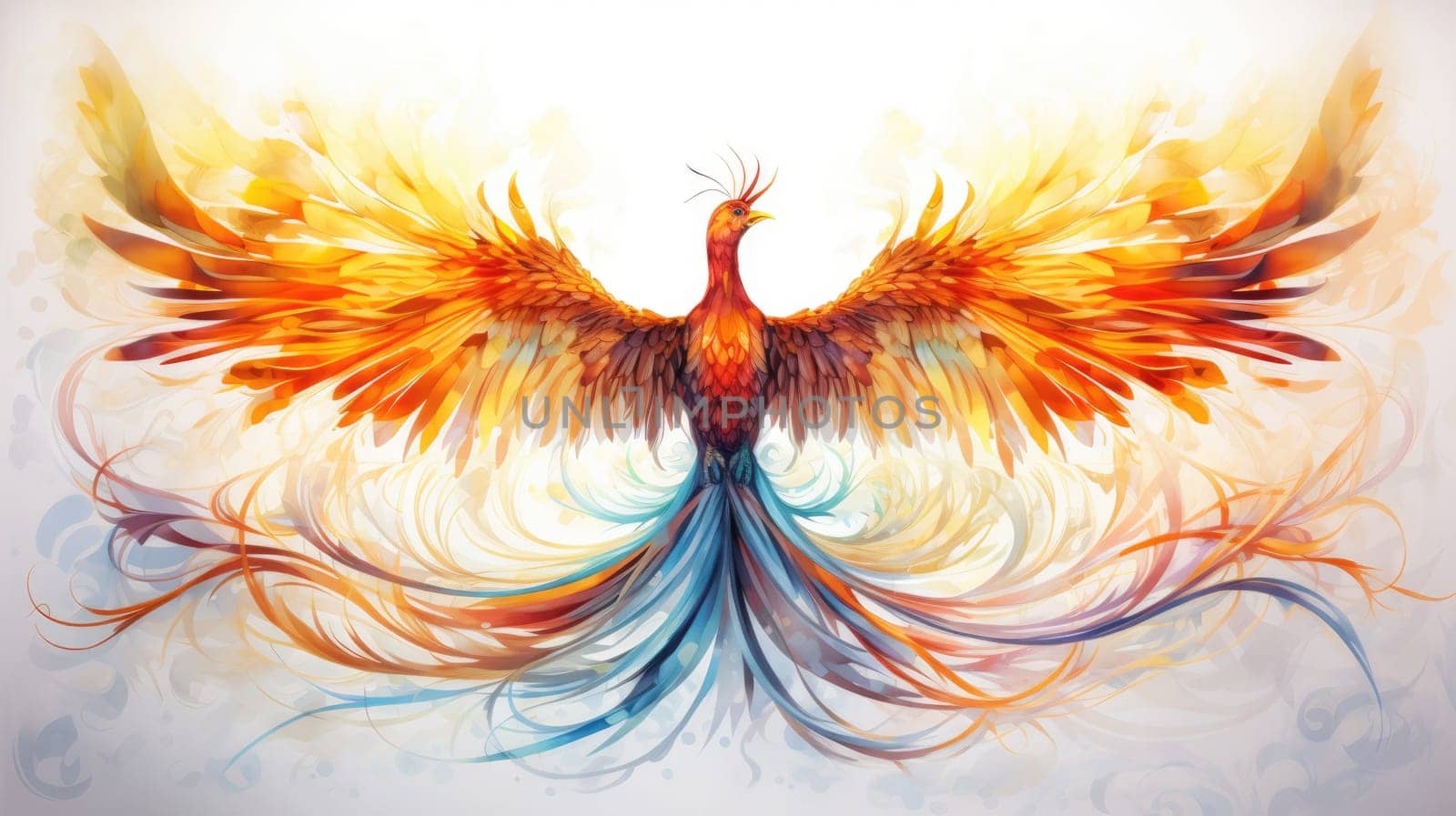 Solar phoenix watercolor illustration - Generative AI. Solar, phoenix, fire, wings. by simakovavector
