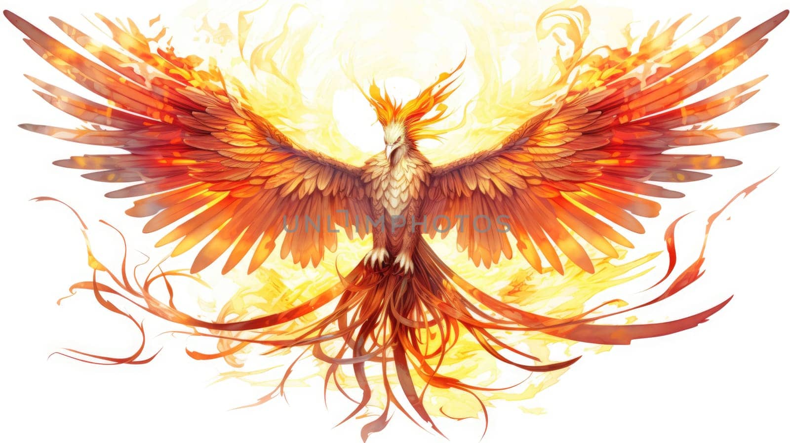 Solar phoenix watercolor illustration - Generative AI. Solar, phoenix, fire, wings. by simakovavector