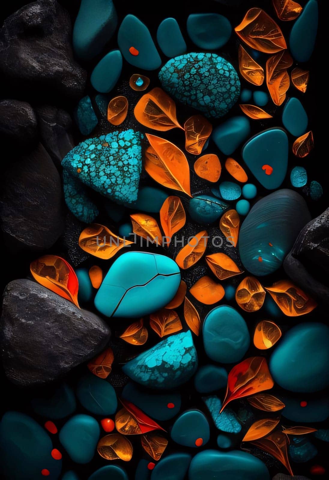 Abstract background design: Colorful stones with orange and blue petals on black background.