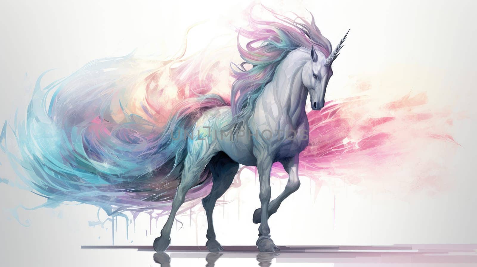 Spectral unicorn guardian watercolor illustration - Generative AI. White, unicorn, horn, mane. by simakovavector