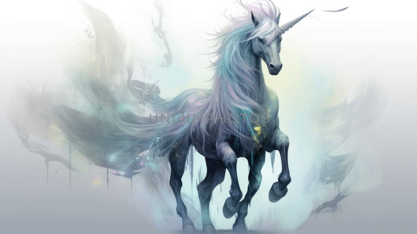 Spectral unicorn guardian watercolor illustration - AI generated. White, unicorn, horn, mane.
