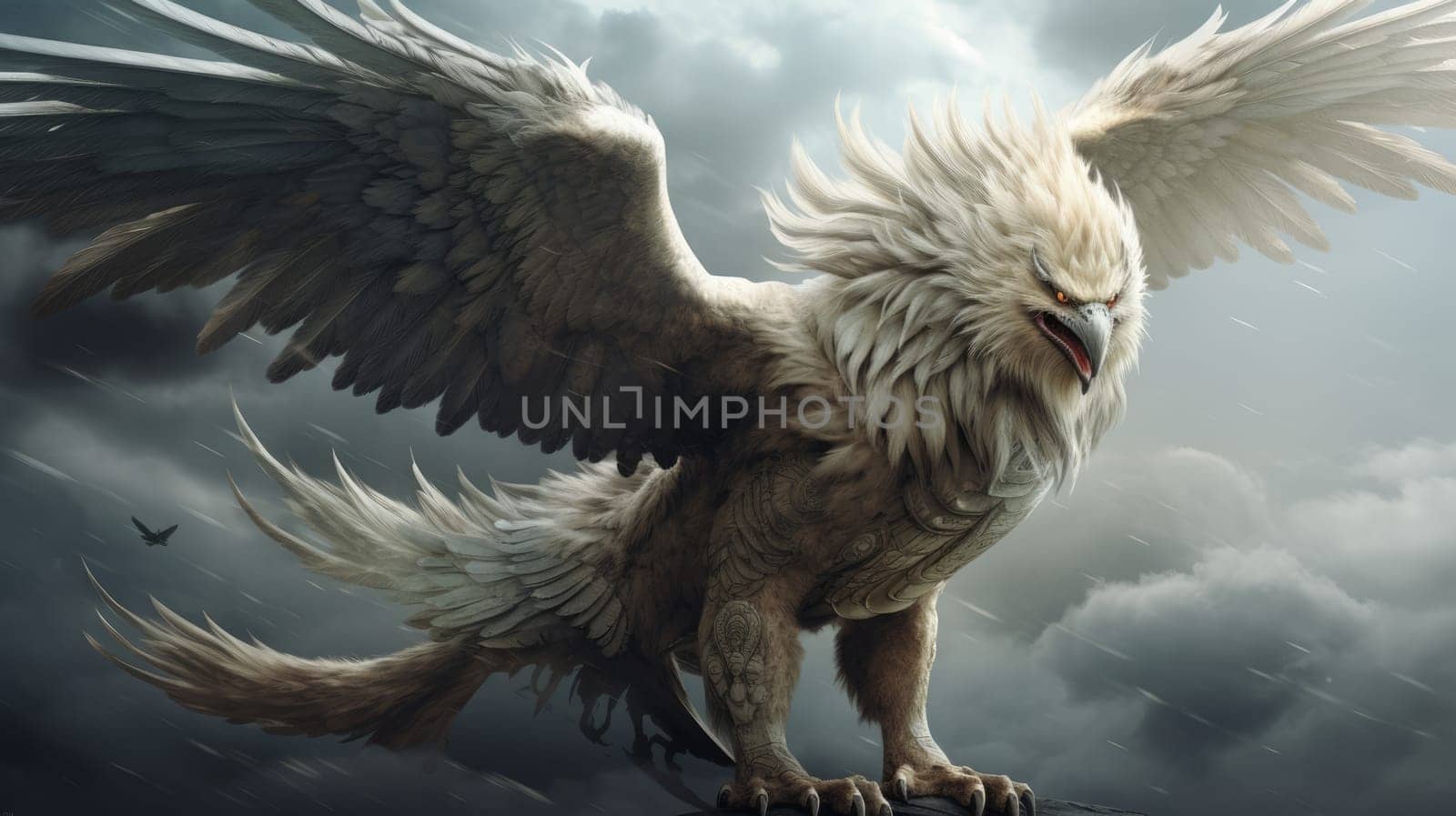 Stormy griffin aegis watercolor illustration - AI generated. Griffin, wings, storm, cloud.