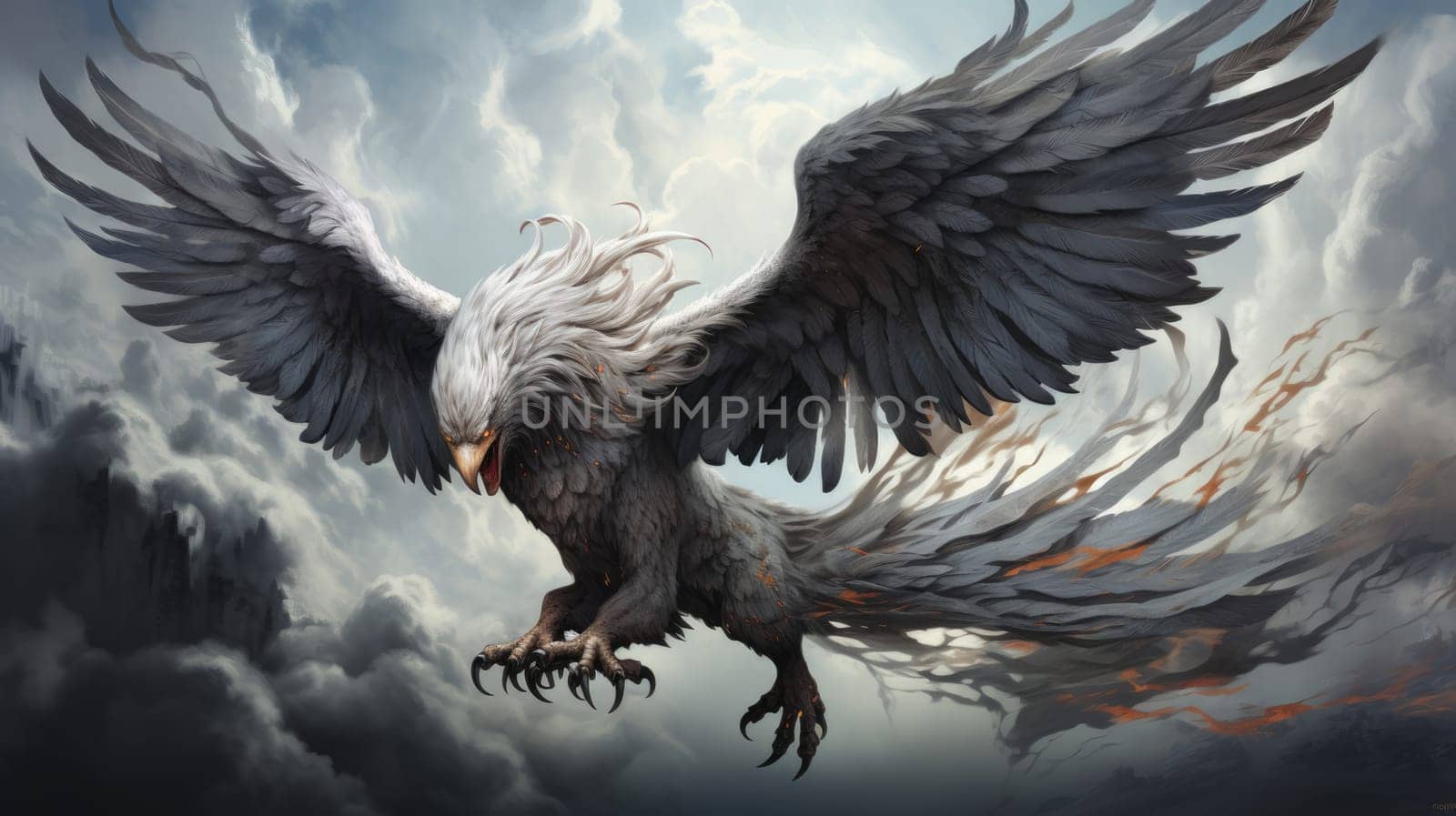Stormy griffin aegis watercolor illustration - Generative AI. Griffin, wings, storm, cloud. by simakovavector