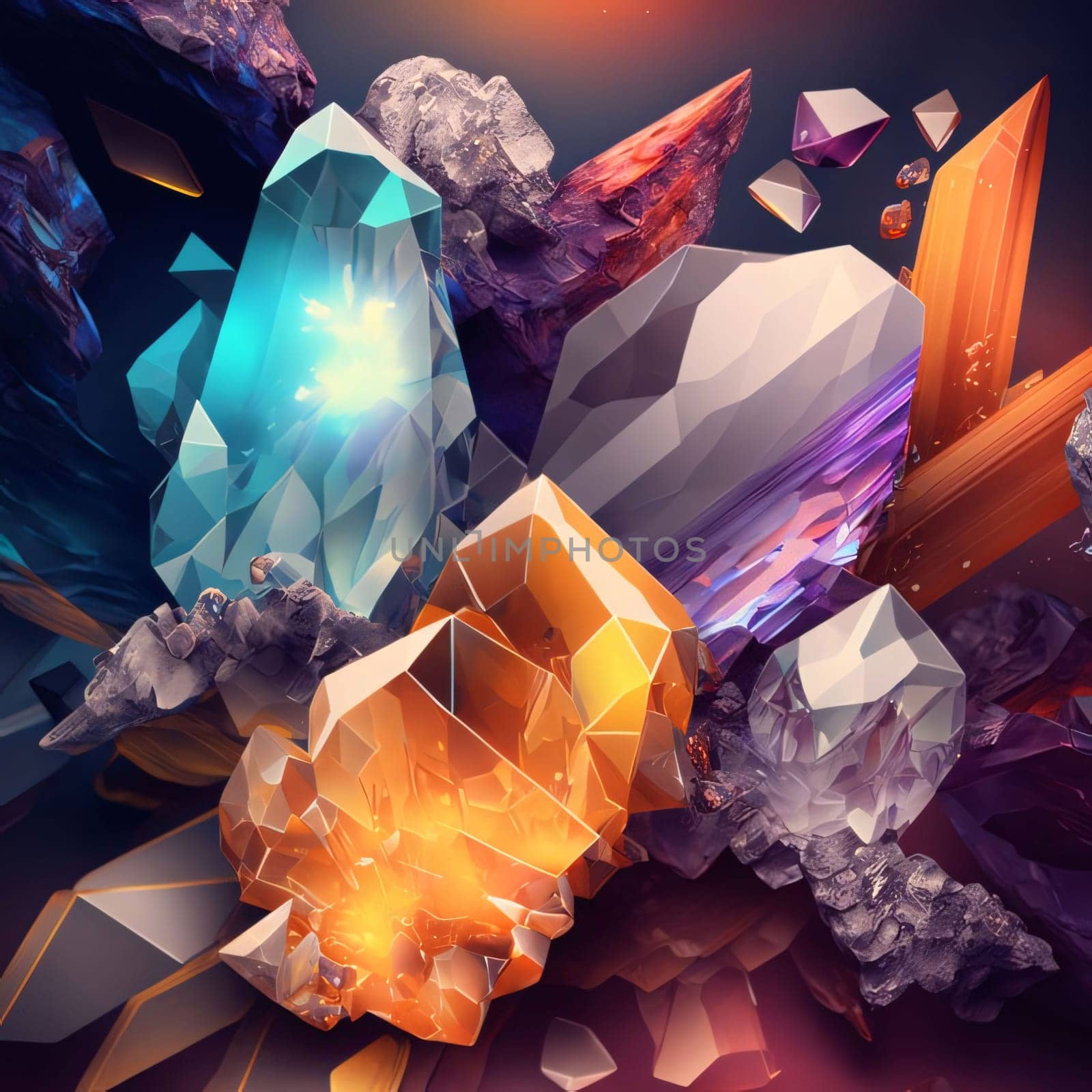 Abstract background design: Colorful crystals on a dark background. 3d rendering, 3d illustration.