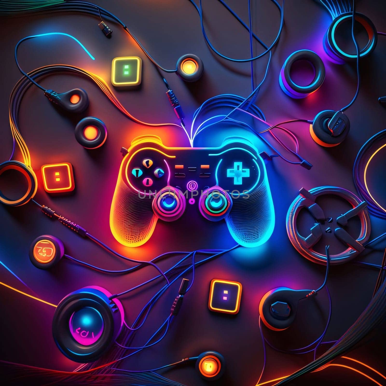 Abstract background design: Neon gamepad with headphones on a dark background. 3d rendering