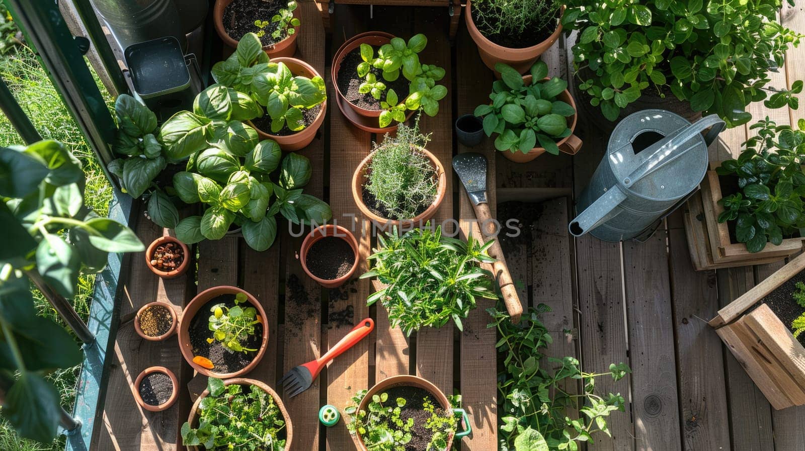 A table adorned with potted plants, gardening tools, and surrounded by lush greenery creates a tranquil and inviting atmosphere AIG50