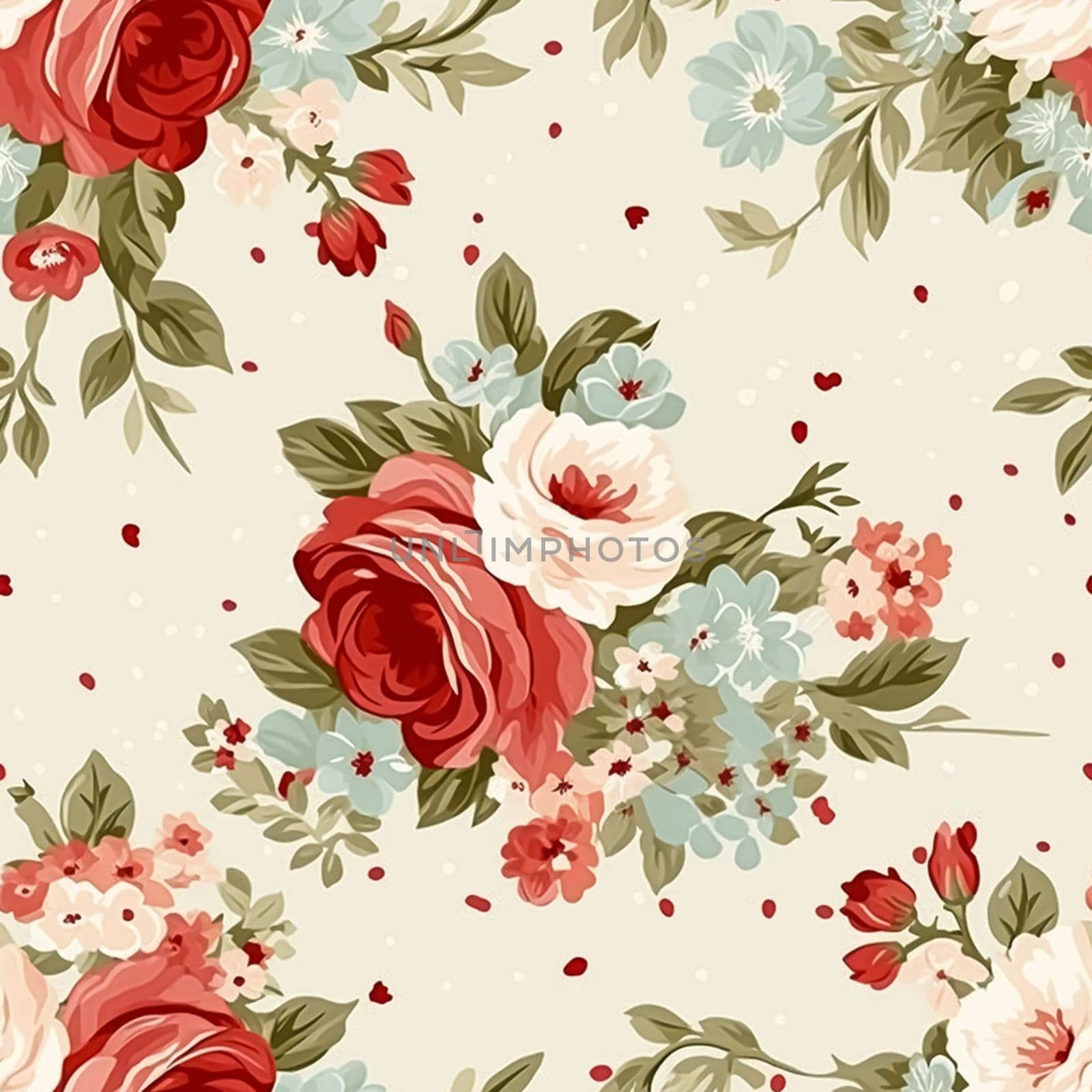 Seamless pattern, tileable floral country holiday print with roses, dots and flowers for wallpaper, wrapping paper, scrapbook, fabric and polka dot roses product design by Anneleven