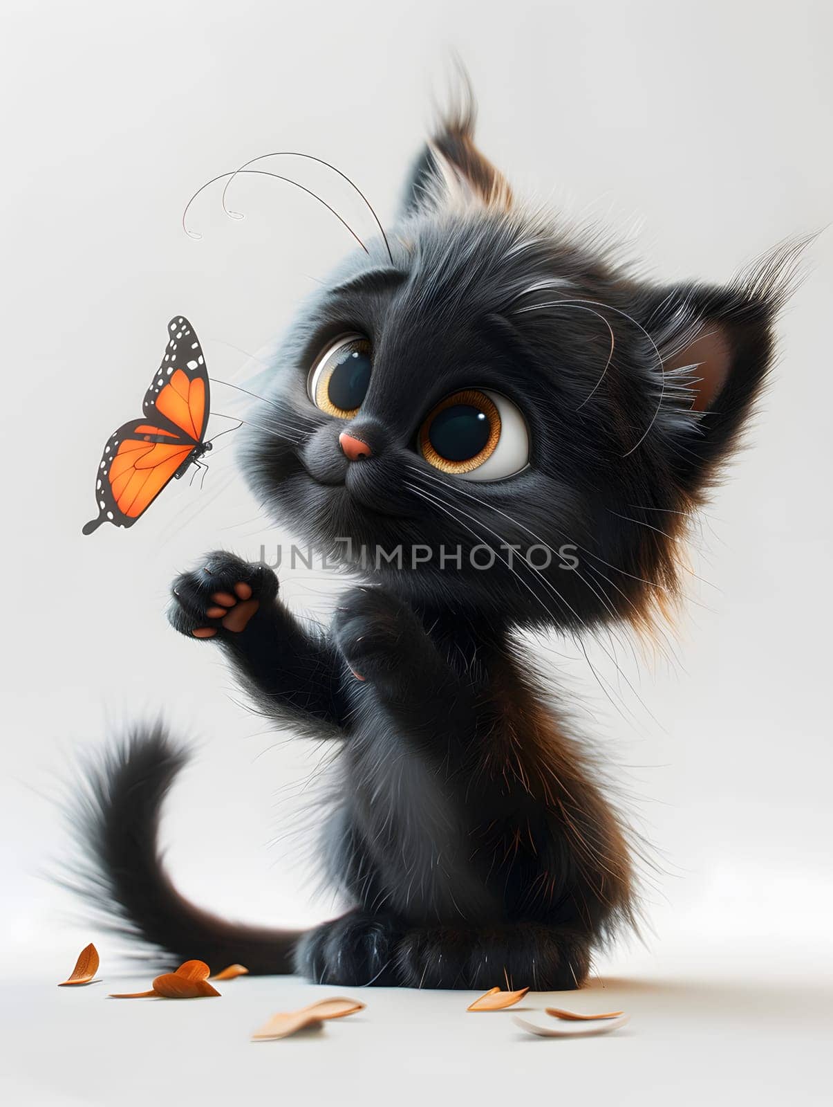 A Felidae kitten, a carnivorous small to mediumsized cat, is playfully swatting at a butterfly with its paw. The insect, a pollinator, flutters around the kitten like a toy, landing on its whiskers