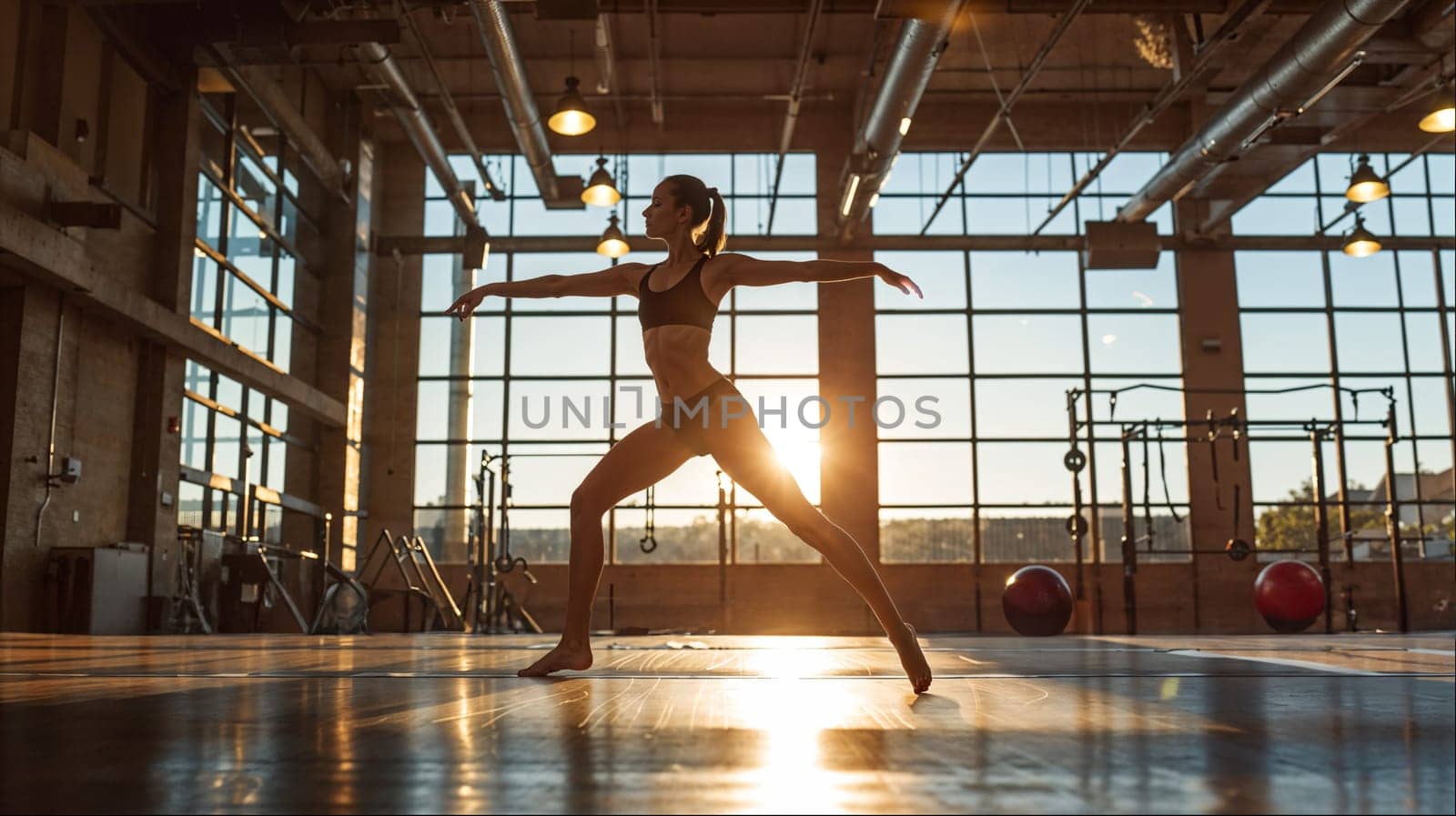 Dancer practicing in sunlit studio at sunrise