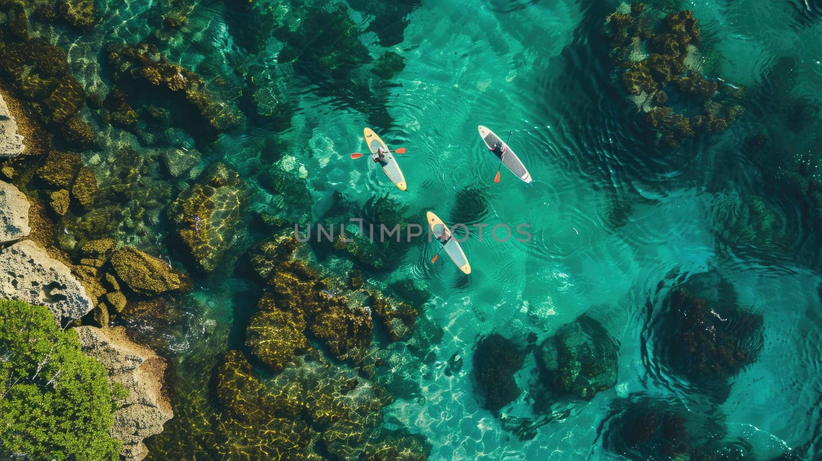 A mesmerizing aerial view of two kayakers gliding through the electric blue waters of the ocean, surrounded by marine life and underwater landscape AIG50