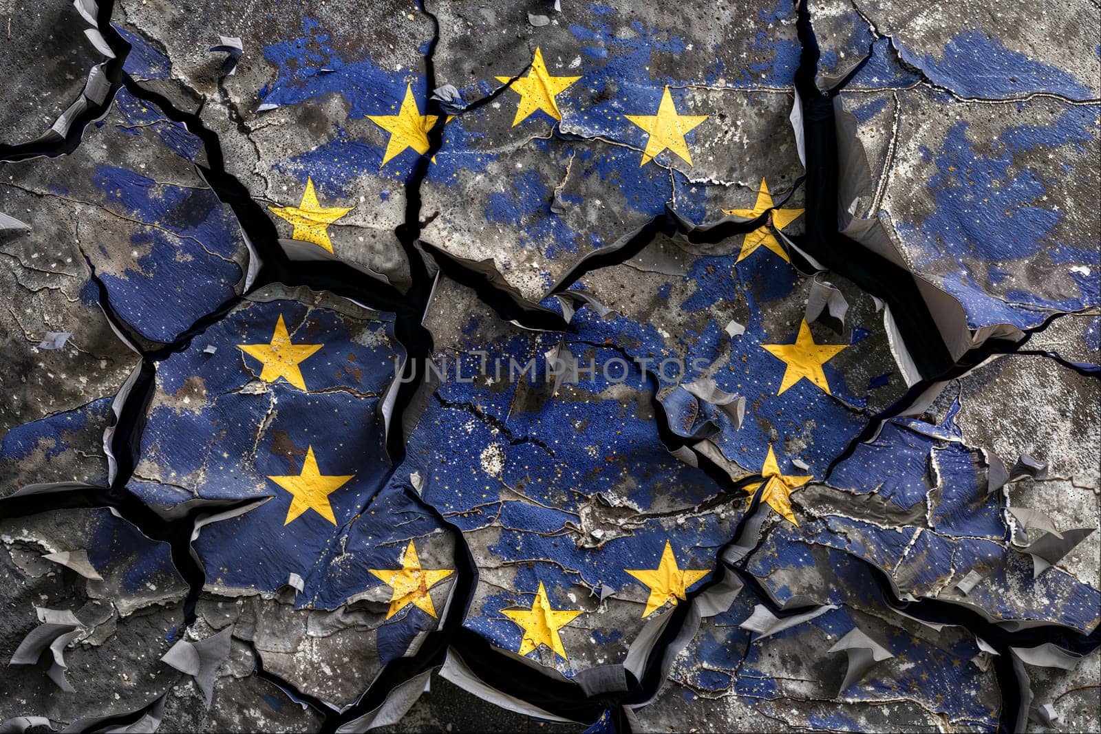 The European flag was painted on cracked concrete symbolizing the divided state of Europe with broken stars and blue color