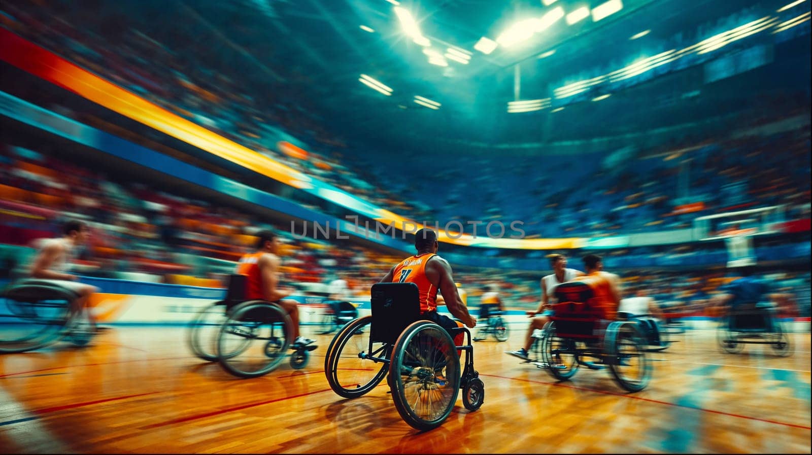 Group of wheelchair basketball players in action on the court during a competitive indoor game. by evdakovka