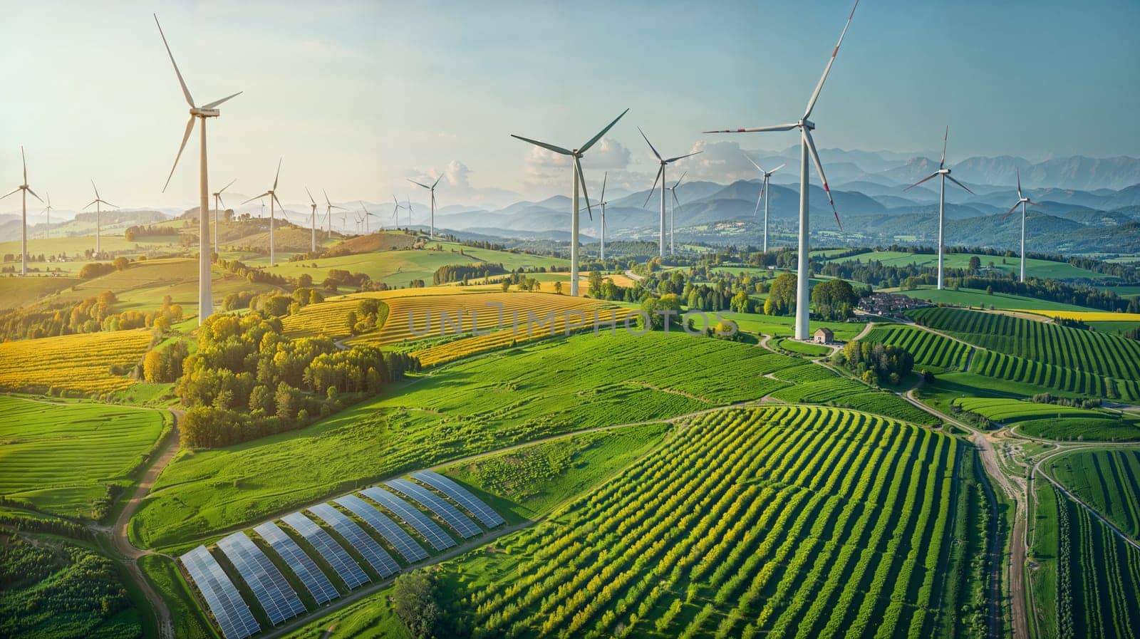 An aerial view of a farm with wind turbines generating renewable energy on a sunny day