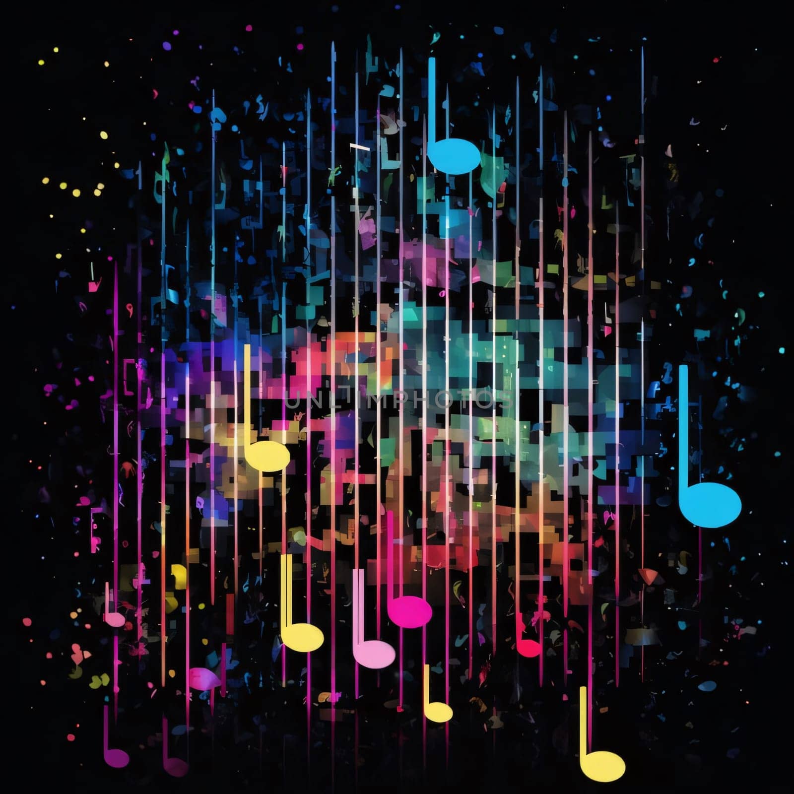 Abstract background design: Colorful music notes on a dark background. Vector illustration. Eps 10
