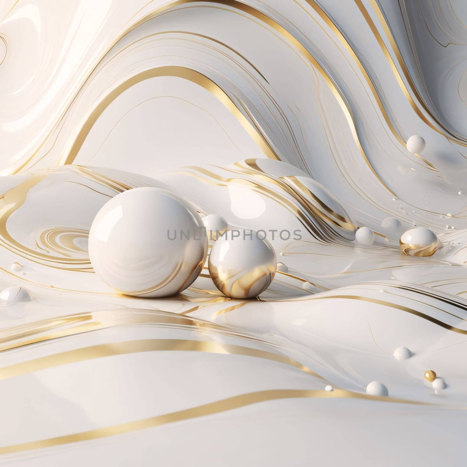 Abstract background design: 3d illustration of abstract background with white and golden liquid and pearl