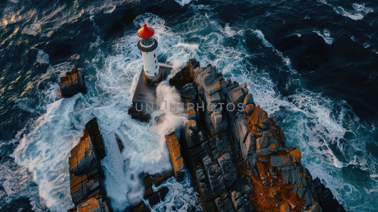 A breathtaking aerial view of a lighthouse standing on a rock surrounded by vast liquid water, showcasing the beauty of natural landscape and perfect for leisure and recreation AIG50