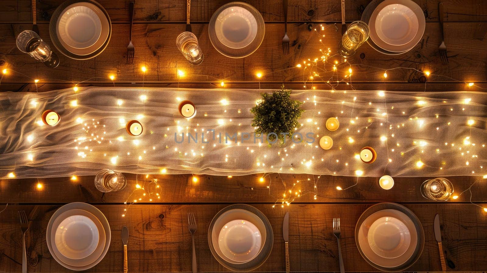 A wooden table with plates and candles on it. An automotive fog light and headlamp also sit on the table, creating a cozy ambiance in the space AIG50