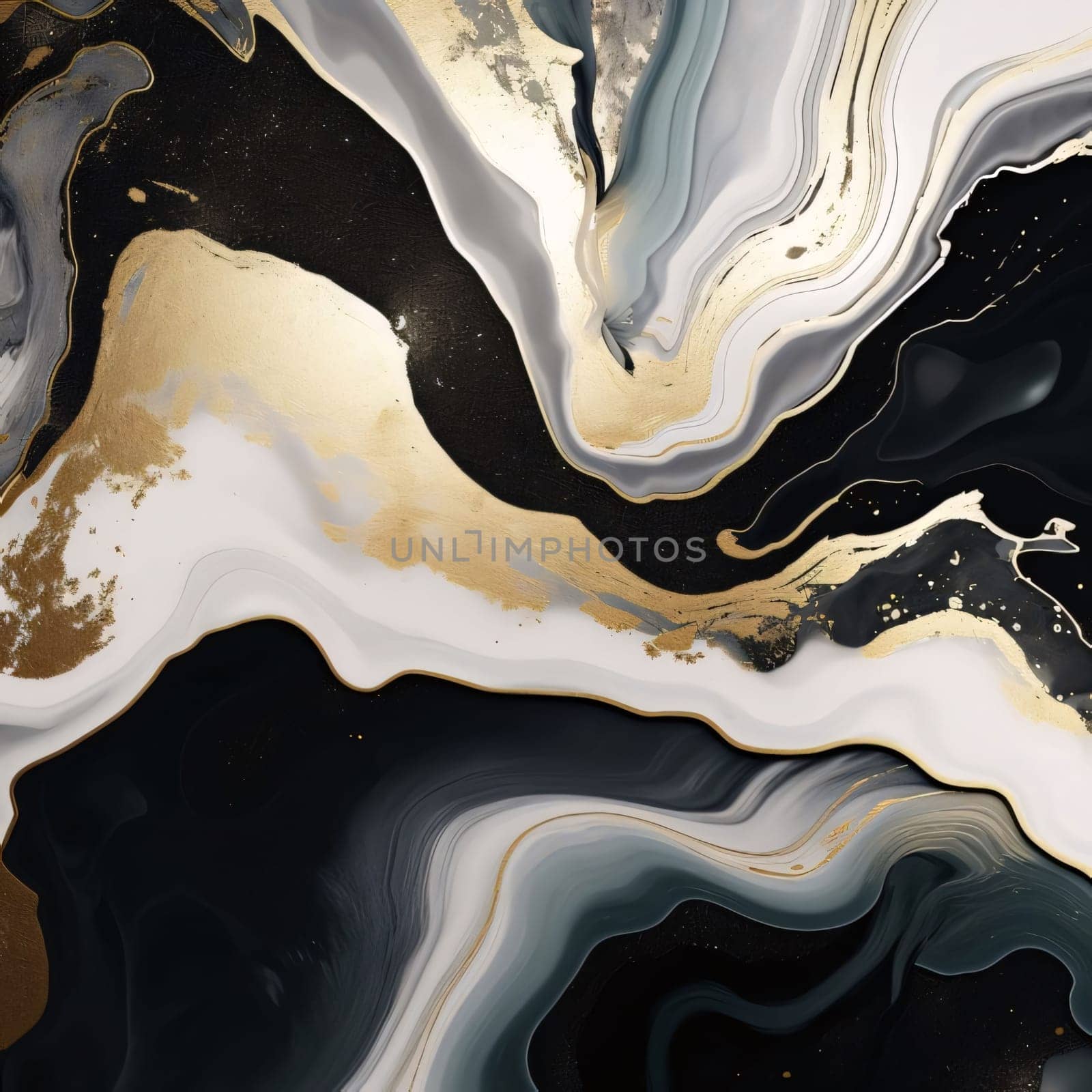 This abstract painting showcases a dynamic interplay between luxurious gold and bold black tones. Swirling patterns and sharp contrasts create a visually striking composition that demands attention.