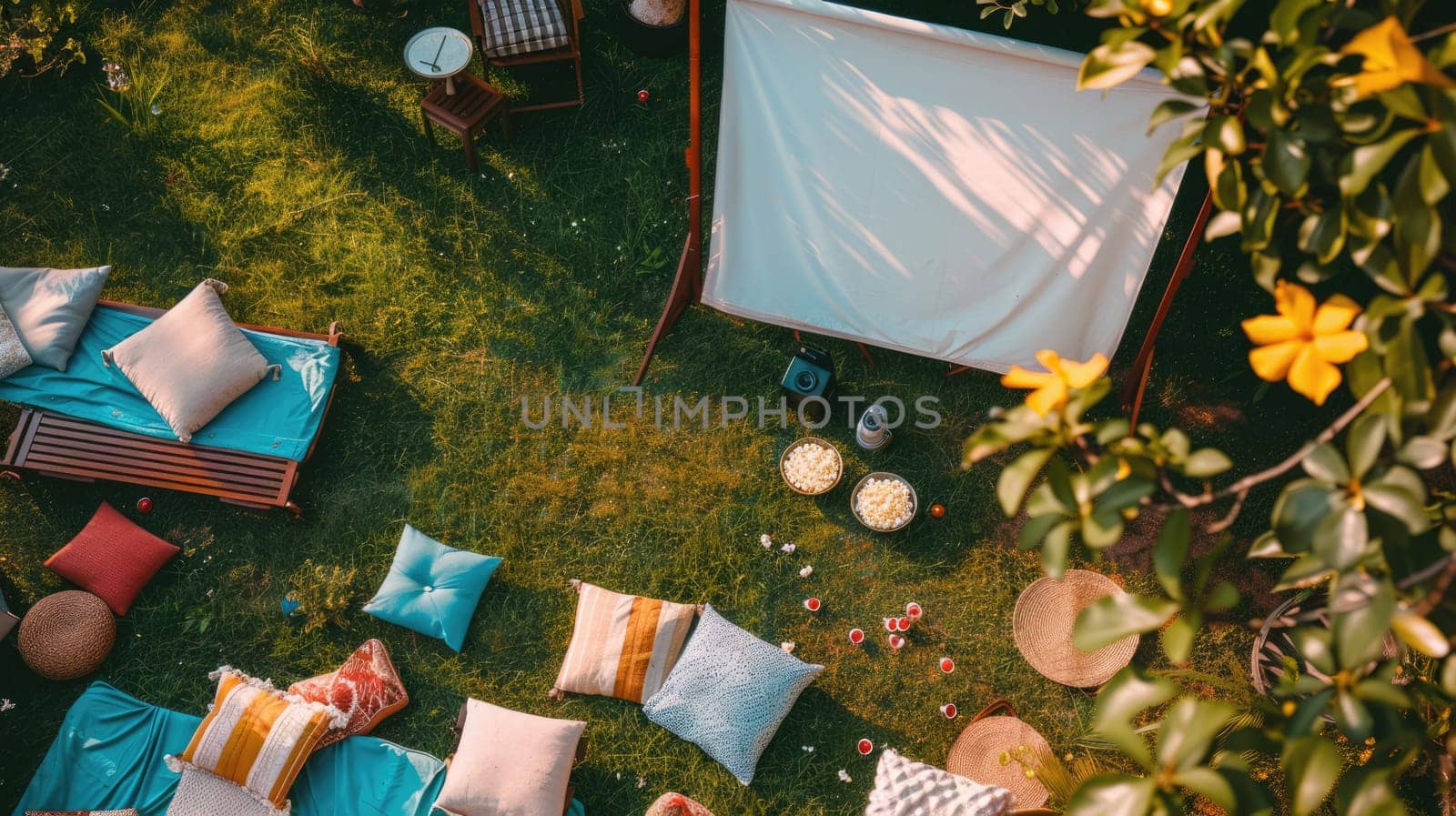A picnic blanket is spread out on a vibrant green lawn surrounded by tall trees, shrubs, and colorful flowers, creating a picturesque tableau for a relaxing outdoor event AIG50