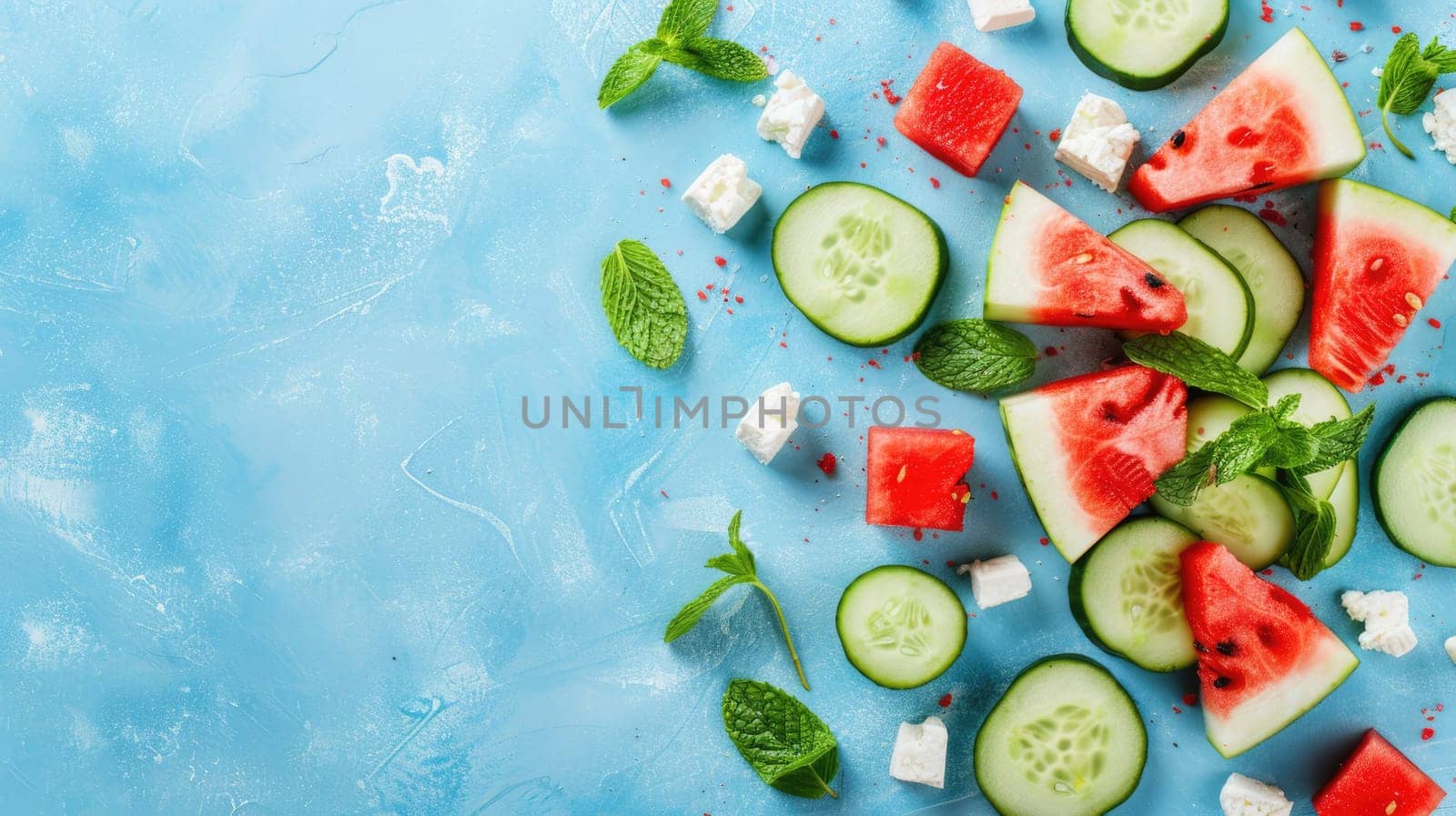 A refreshing salad featuring watermelon, cucumbers, feta cheese, and mint, served on a vibrant blue background. This dish combines fresh ingredients to create a colorful and delicious cuisine staple AIG50