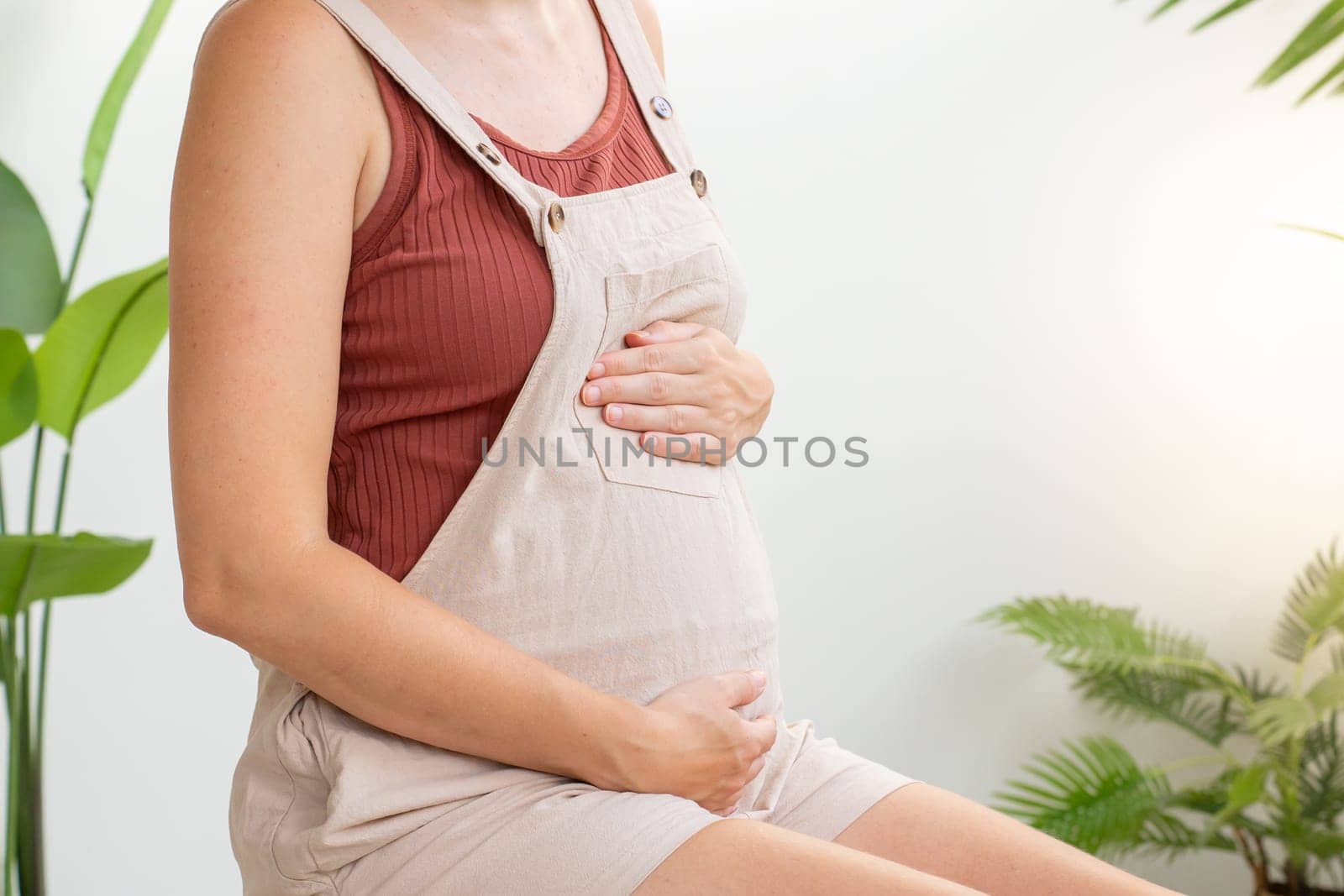 Pregnant woman embracing belly in living room with copy space for text. High quality 4k footage