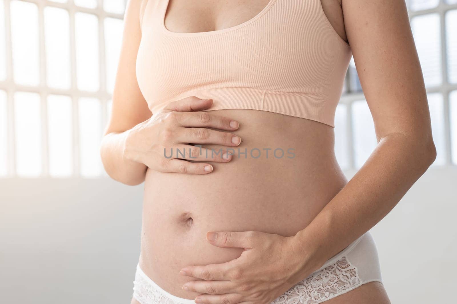 Pregnant woman embracing belly with copy space for text. High quality photo