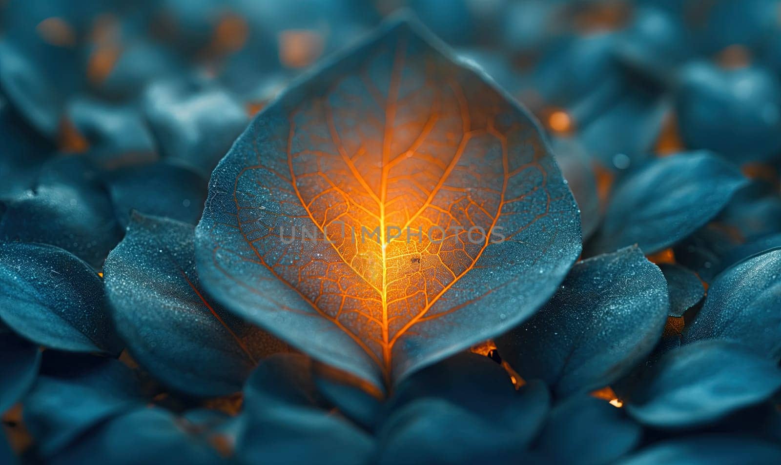 Close up of a leaf covered in water droplets.