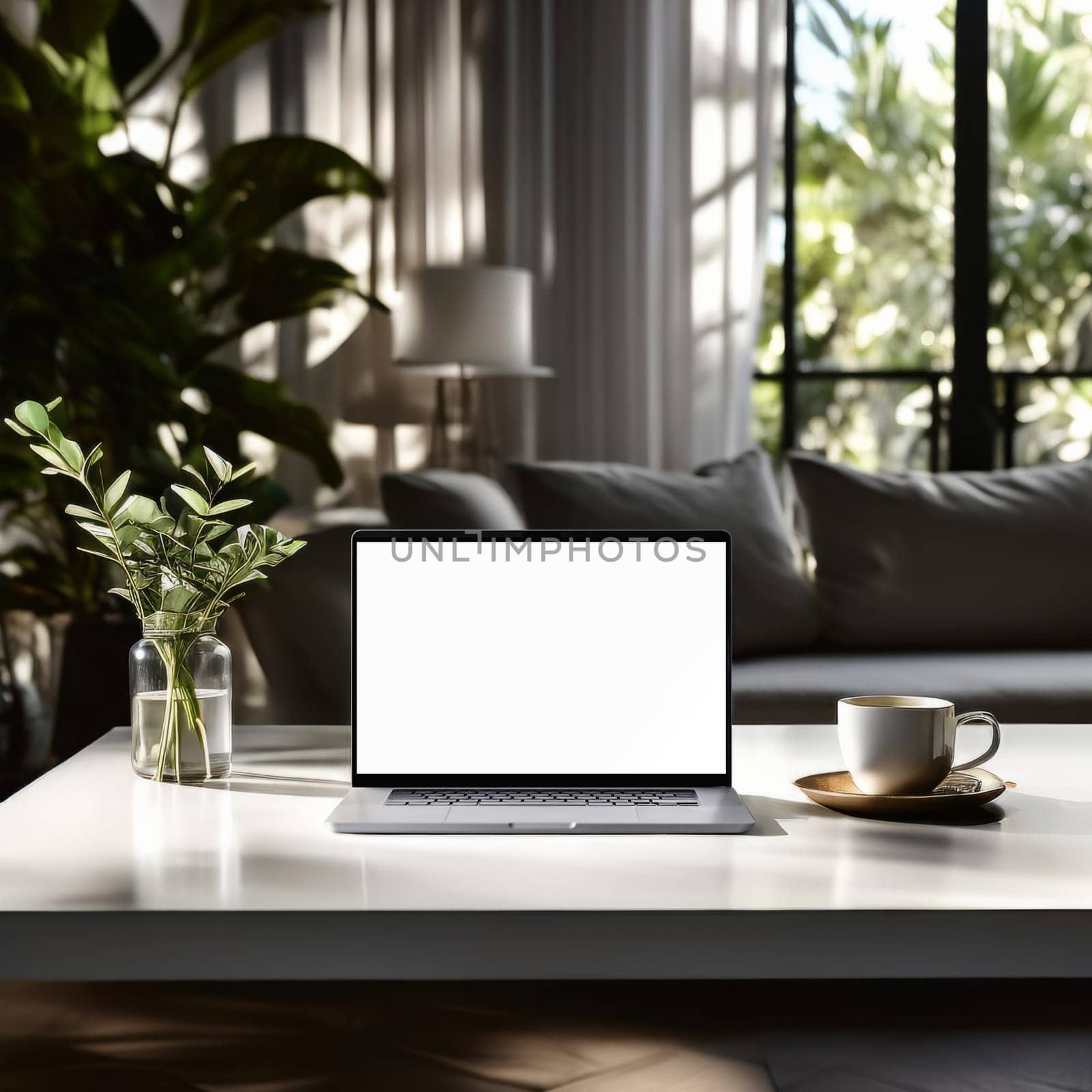 Open modern laptop with blank white screen mockup. Empty laptop screen on table in blurred cafe interior, mockup