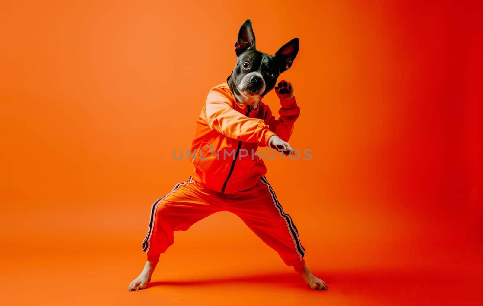 Cheerful dog dancer in tracksuits dancing disco on orange studio background by Rohappy