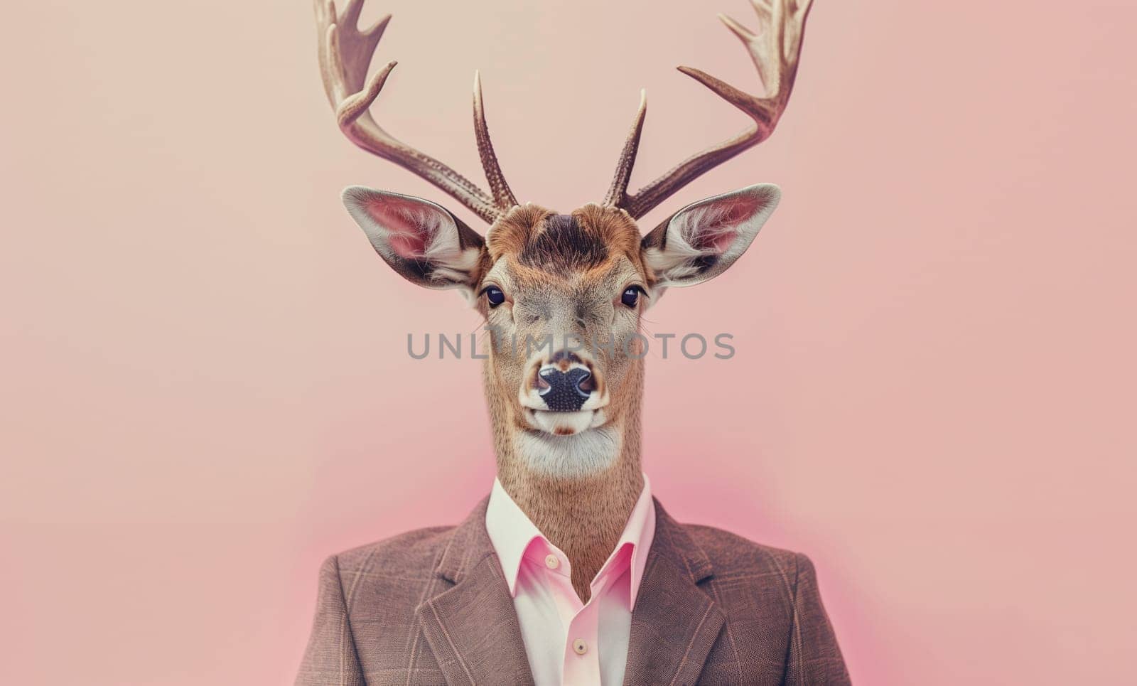 Stylish funny deer in a suit looking at the camera on a pink background, animal, creative concept by Rohappy