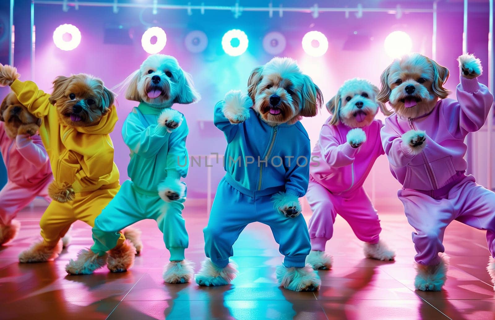 Group of cheerful dogs dancers in tracksuits dancing disco on the dance floor together by Rohappy