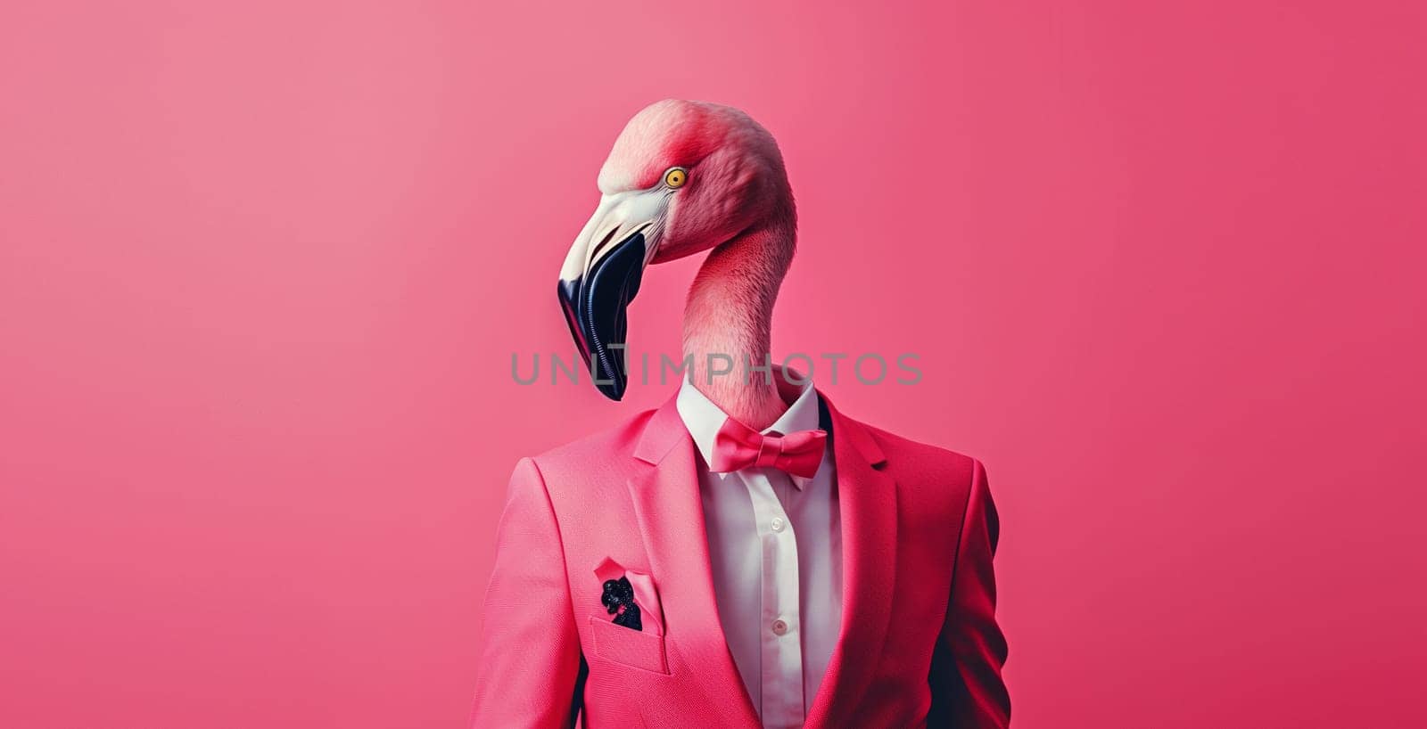 Stylish flamingo bird in a suit looking at the camera on a pink background, animal, creative concept by Rohappy