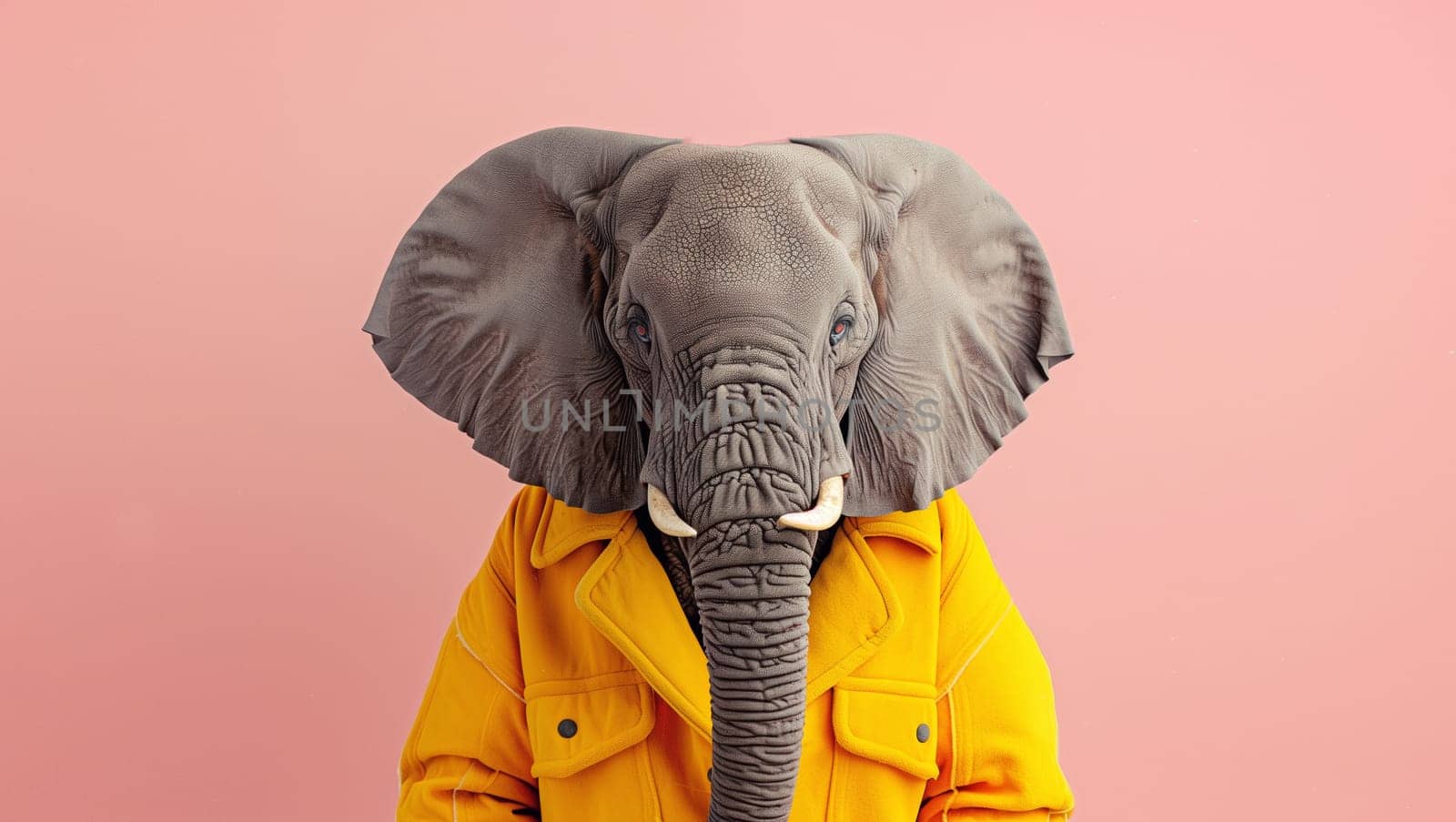 Portrait of stylish funny elephant in yellow suit looking at the camera on a pink background, animal, creative concept