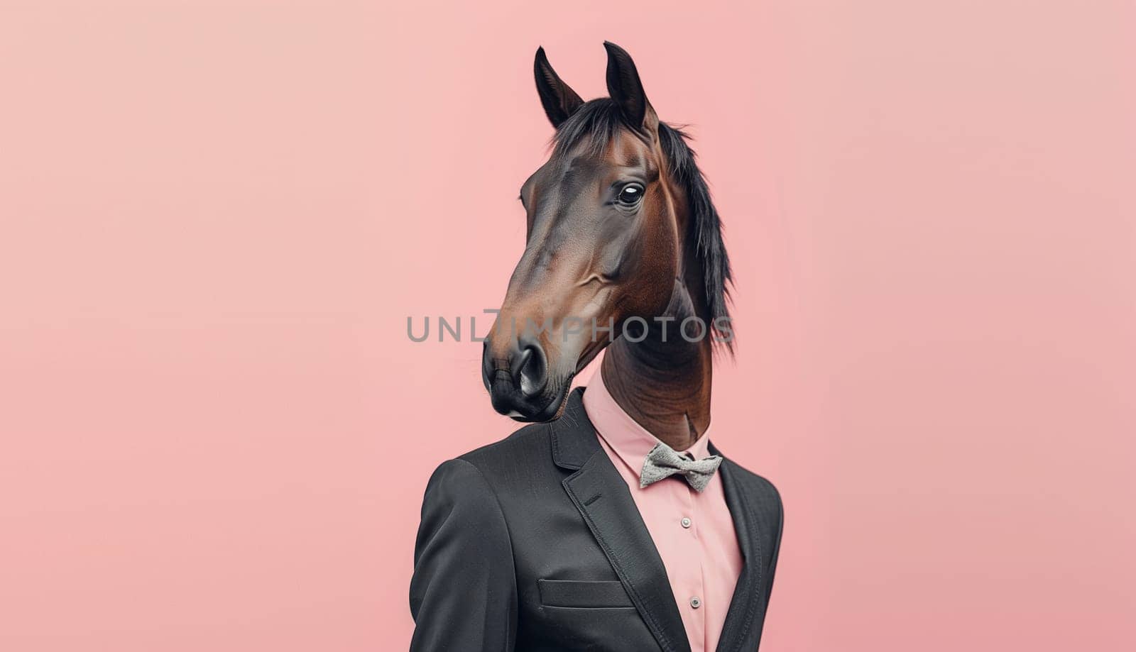 Portrait of stylish horse in a business suit looking away on a pink background, animal, creative concept