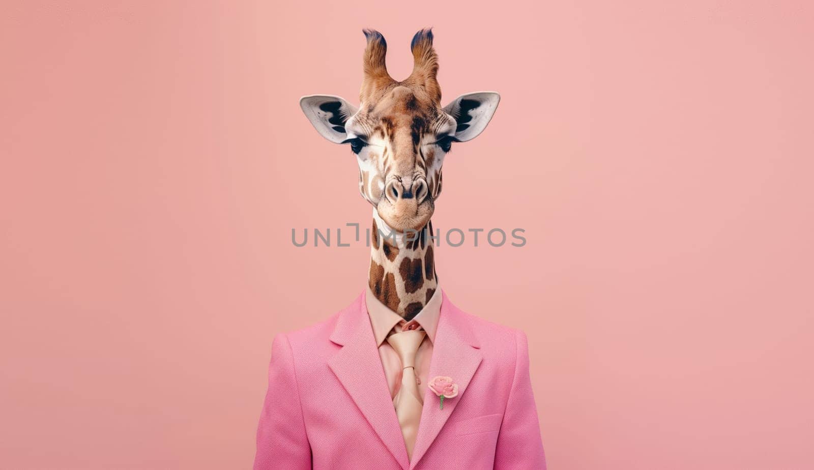 Stylish funny giraffe in a suit looking at the camera on a pink background, animal, creative concept by Rohappy