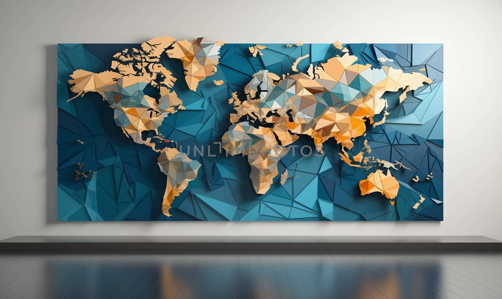A detailed painting of a world map displayed on a wall.