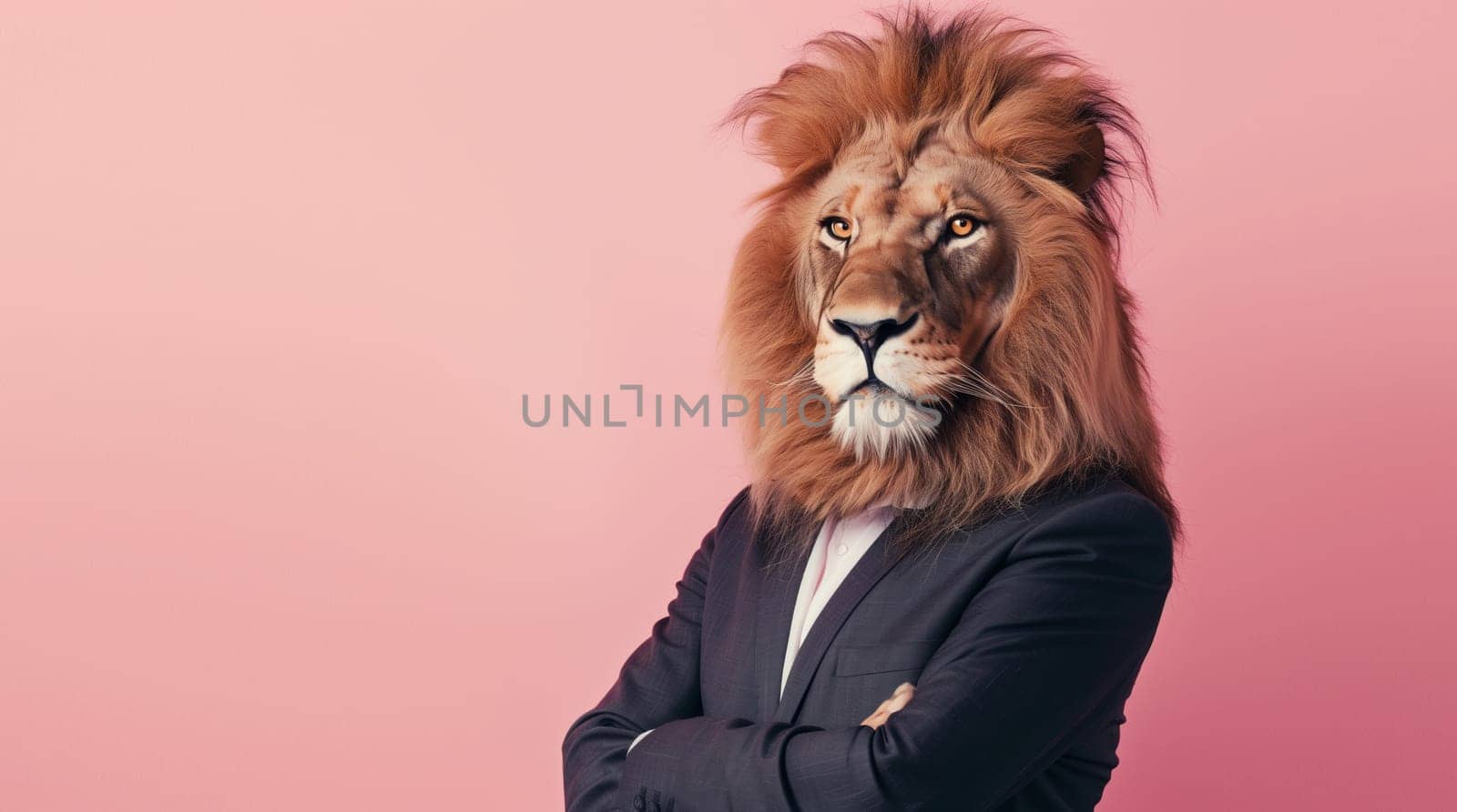 Portrait of confident stylish lion businessman in a suit with crossed arms looking at the camera on a pink background, business, animal, creative concept
