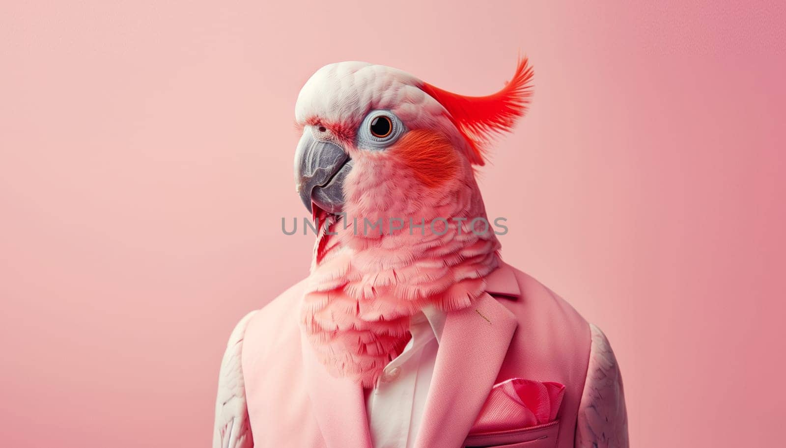 Stylish parrot bird in a suit looking at the camera on a pink background, animal, creative concept by Rohappy